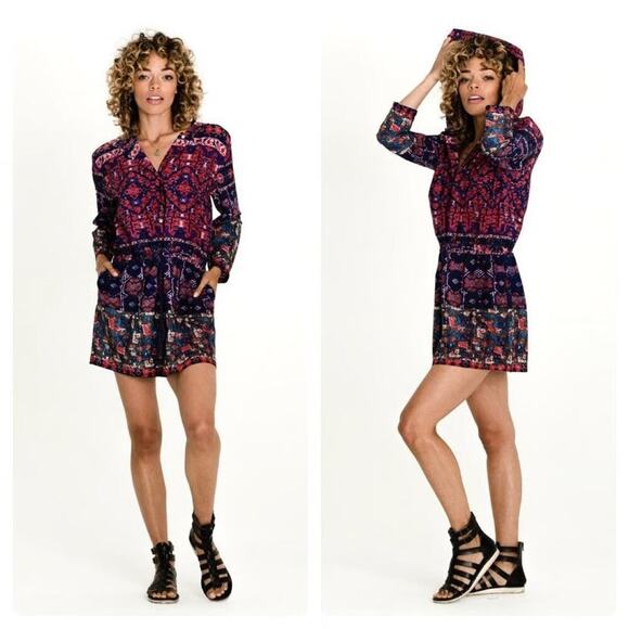 Raga x Anthropologie Women's Vivid Dreams Mini Shirt Dress Drawstring Tie Hoodie